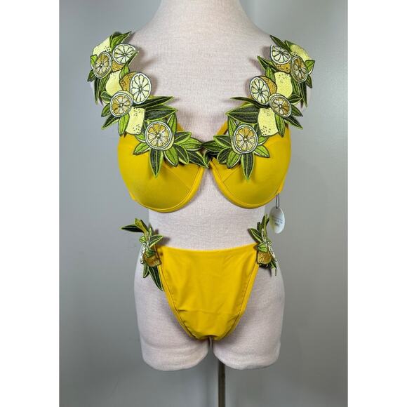 Andrea lyamah Mona Lemon Floral Embroidered Yellow Bikini Swim Set Size XL - Picture 6 of 13